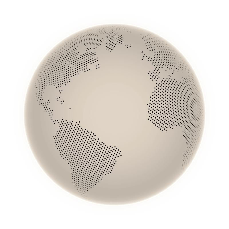 A globe drawn in small dots, turned to the Atlantic: North America, South America, Europe and Africa.